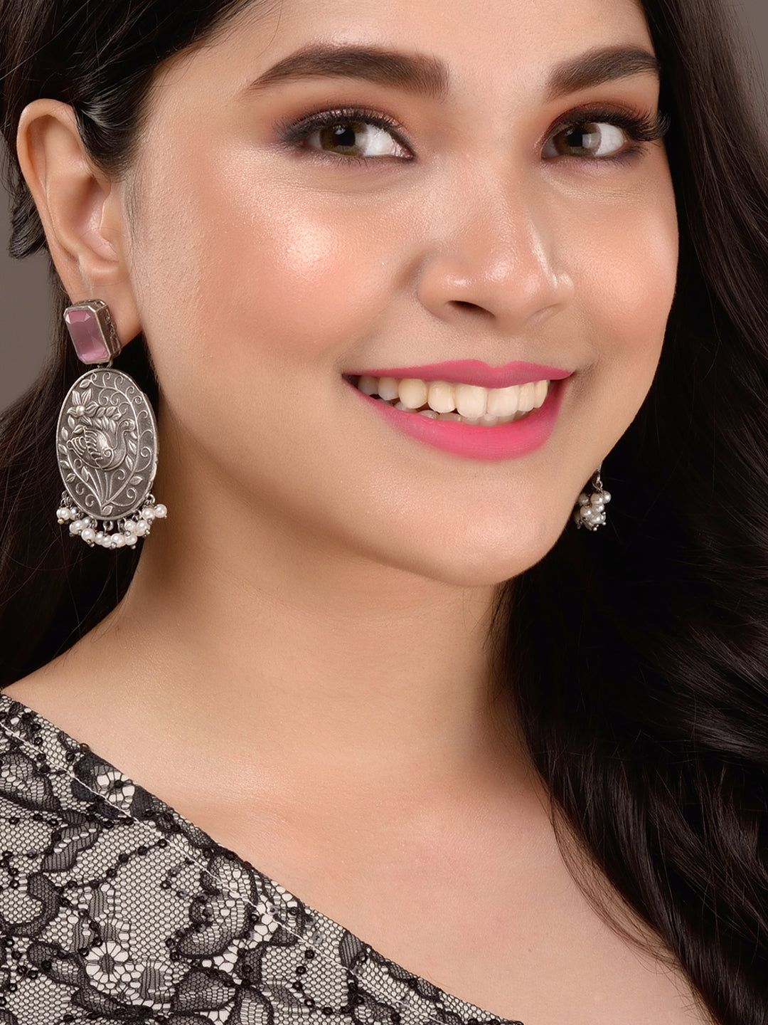 Silver Oxidised Pink Stone Studded Contemporary Earrings