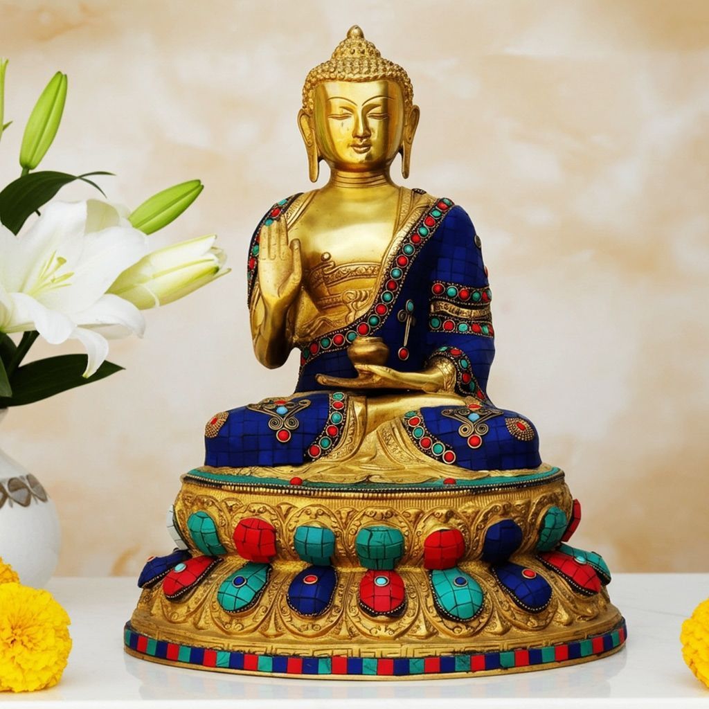 Brass Buddha Statue with Turquoise Stone Finish - Premium Handcrafted Idol, Height : 16 Inch (BSMAS283)