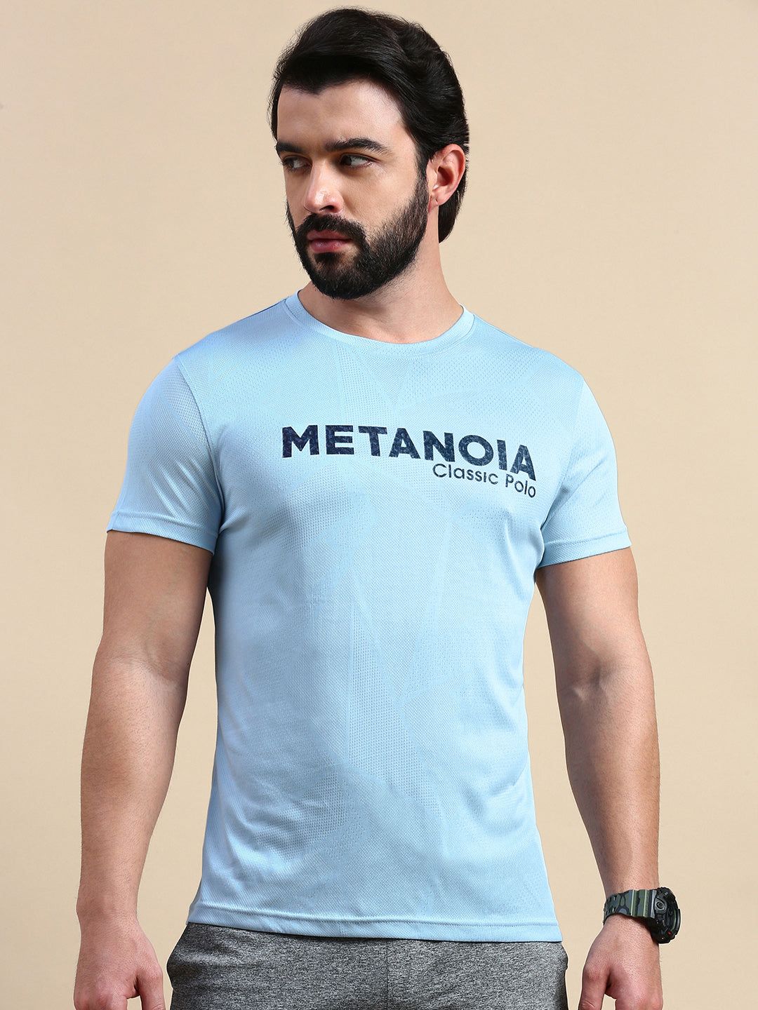 Classic Polo Men's Round Neck Polyester Blue Slim Fit Active Wear T-Shirt | GENX-CREW 03A SF C