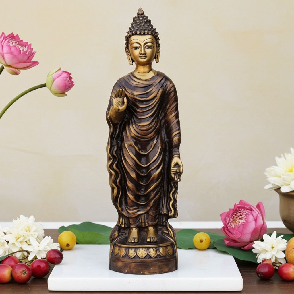 Brass Standing Buddha Decorative Statue - Premium Home Decor, Height : 25 Inch (BSMAS723 A)