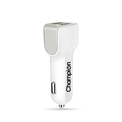 Champion Dual Port USB Fast Car Charger 3A | Compact High-Speed Charger for Android & iPhone (White)