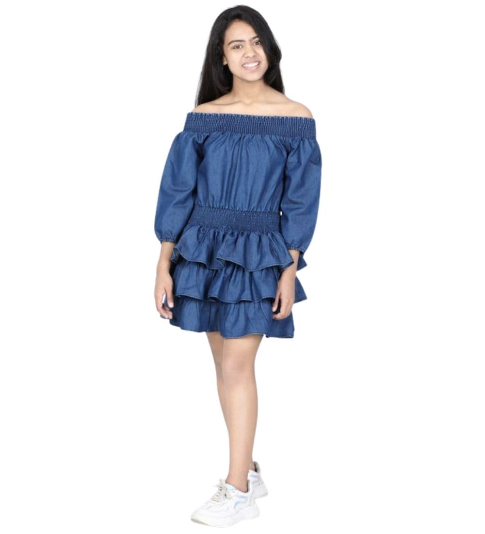 Girl's Denim Solid Off Shoulder Dress (Blue, 13-14-Yrs)-PID66042