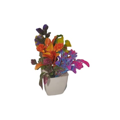 vibrant multi-color artificial flower bouquet in white square pot
