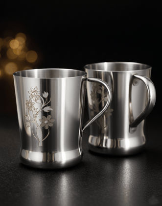WEKTU Pack of 2 Engraved Stainless Steel Damri Glasses – High-Grade Mirror Finish Drinking Mugs with Sturdy Handle