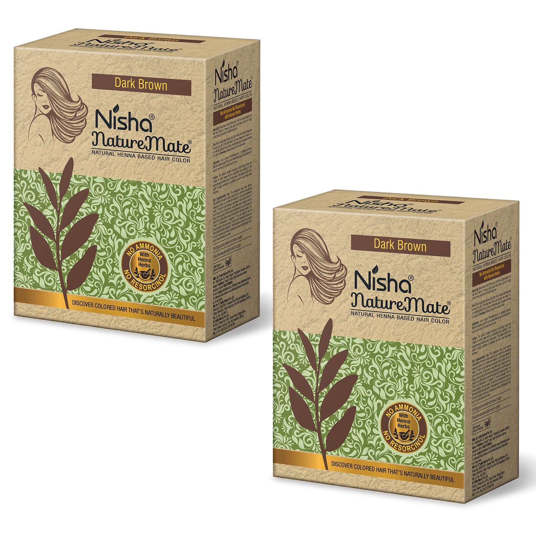 Nisha Nature Mate Henna Based Hair Colour Dark Brown 60g Pack of 2, No Ammonia, No Resorcinol, 100% Grey Coverage with Henna Herbs