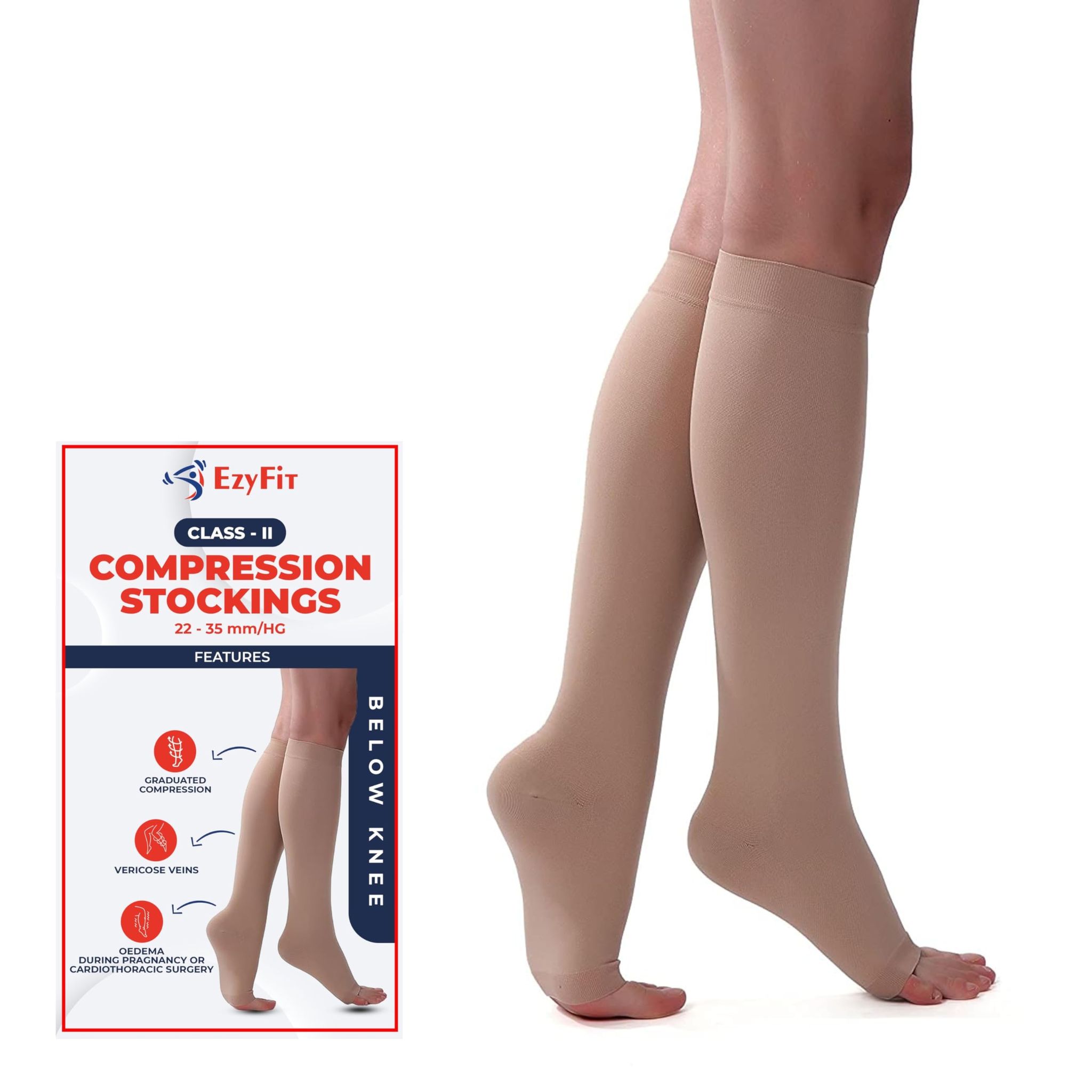 EZYFIT Imported Class II Graduated Medical Compression Stockings Below Knee for Varicose Veins | Imported Compression Stockings | Varicose Veins Stockings For Men and Women | 23-32mm/Hg
