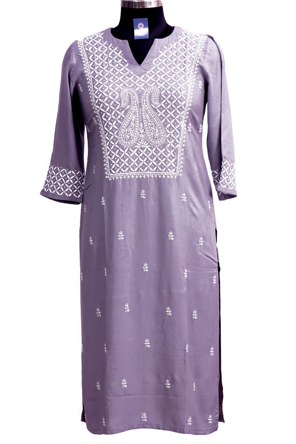 Hand-Embroidered Chikankari Rayon Kurti | Grey