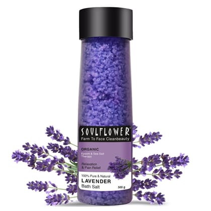 Soulflower Epsom Lavender Bath Salt for Body & Foot Spa, Calming, Relaxing, Muscle Pain Relief, Aromatherapy | Pure & Natural | Sea Salt, Lavender Essential Oil & Vitamin E, 500g (Pack of 1) Soulflower Epsom Lavender Bath Salt for Body & Foot Spa, Calmin