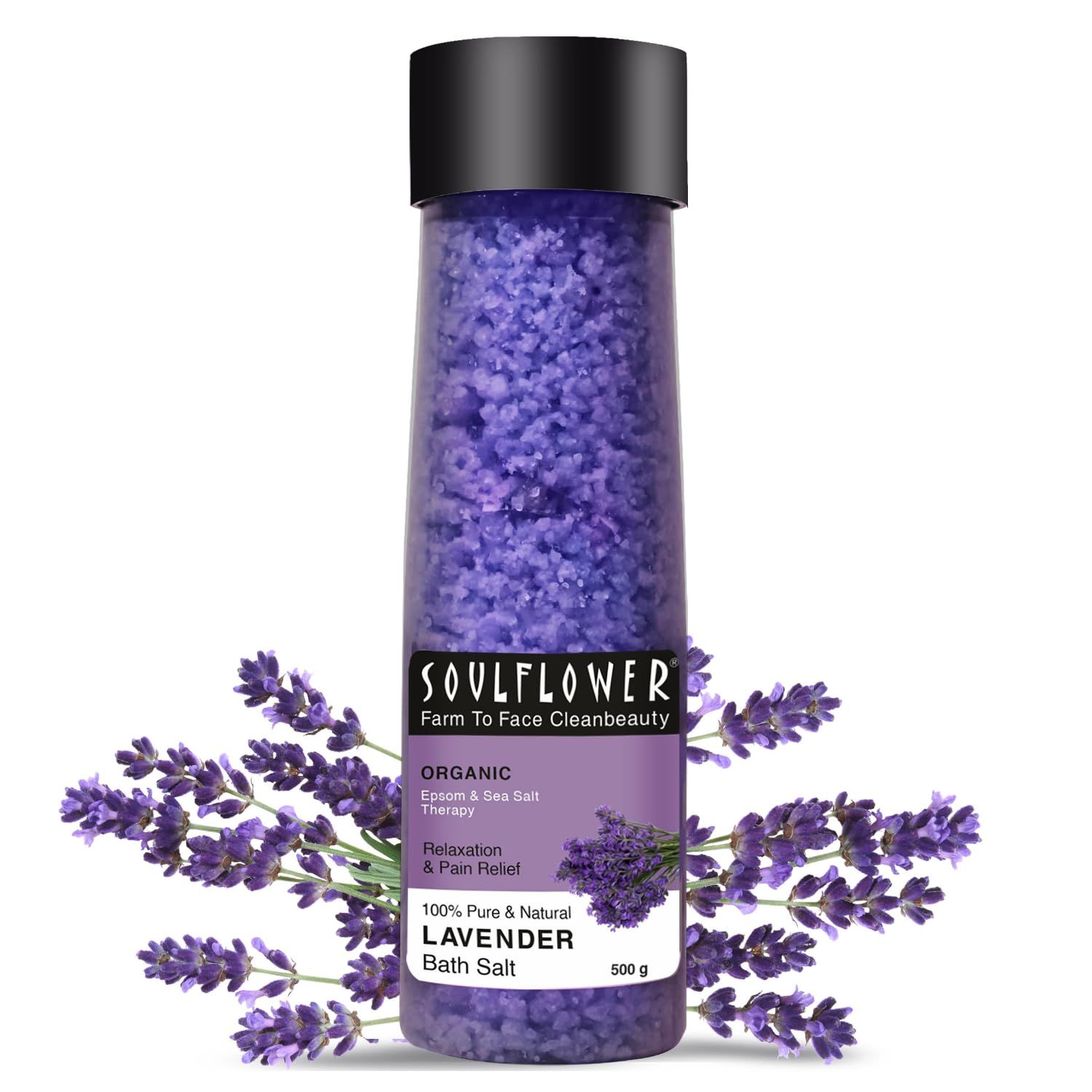 Soulflower Epsom Lavender Bath Salt for Body & Foot Spa, Calming, Relaxing, Muscle Pain Relief, Aromatherapy | Pure & Natural | Sea Salt, Lavender Essential Oil & Vitamin E, 500g (Pack of 1) Soulflower Epsom Lavender Bath Salt for Body & Foot Spa, Calmin