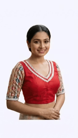 Red Cotton Printed Blouse with Lace V Neck & Designer Sleeves