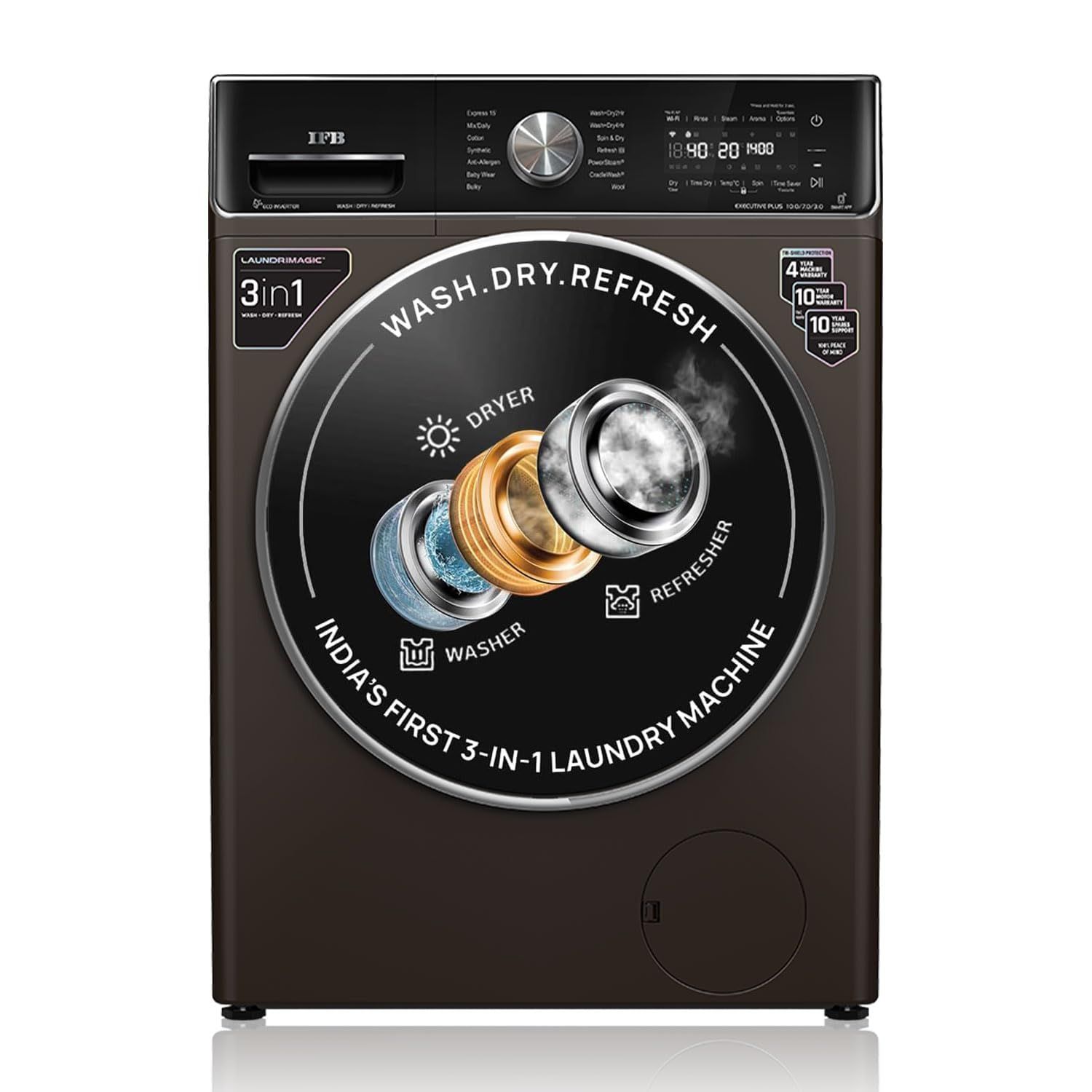 IFB 10 Kg/7 Kg/3 Kg 3-in-1, AI Powered, Fully Automatic Washer Dryer Refresher (IFB Laundrimagic, EXECUTIVE PLUS ZXM, 9 Swirl Wash, Eco Inverter Technology, Mocha) IFB 10 Kg/7 Kg/3 Kg 3-in-1, AI Powered, Fully Automatic Washer Dryer Refresher (IFB Laundr