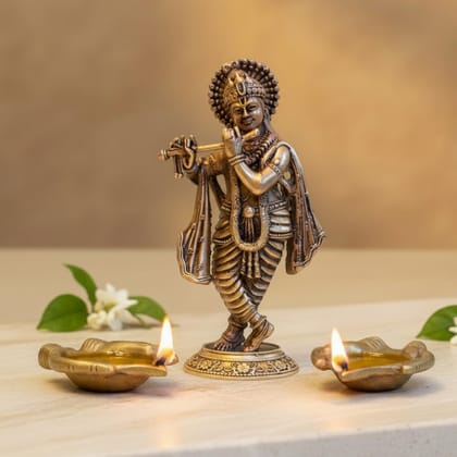 Sukh Sehaj Brass Shree Krishna Murti & Arpan Mudra Diyas Worship Combo Set : Arpan