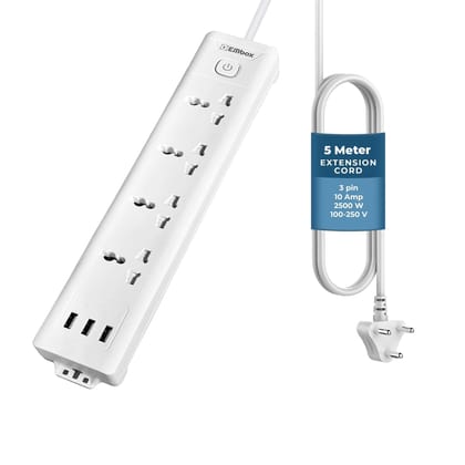Embox Extension Board 5 Meter Cable with USB | Extension Board with Switches 4 Universal Sockets 10A Spike Guard | LED Indicator 2500W Extension Cord Sockets + USB / 5 Mtr Cord Length
