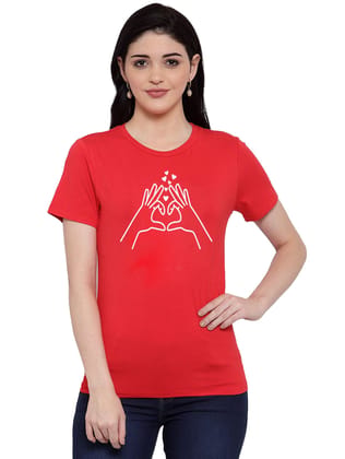 Women's Cotton Blend Heart Hands Line Art Printed T-Shirt M (Red)