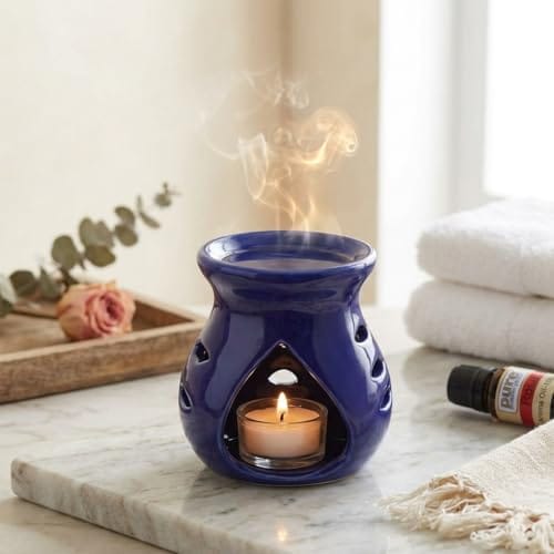 Ceramic Clay Candle Operated Aroma Burner|Oil Diffuser Coming with 1 Tea Candle (Blue ; 8.5 Cm)