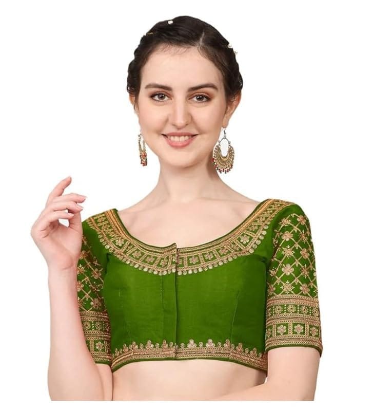 Women's Silk Embroidery Coding Round Neck Short Sleeve Readymade Blouse (Light Green, Free Size)-PID57748