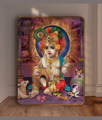 SAF Bal Krishna Wall Painting with Butter Pot | Golden Frame Sparkle Laminated MDF Art | Baby Kanha Ji Poster for Home Temple Pooja Room | Janmashtami Spiritual Decorative Gift