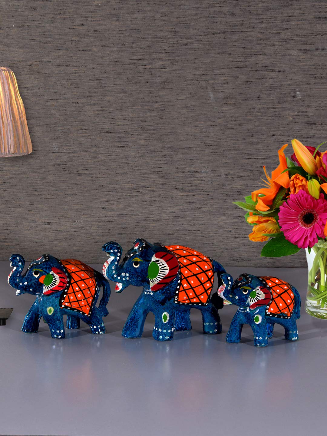 DreamKraft Paper Mache Elephant Showpiece (Set of 3, Blue)