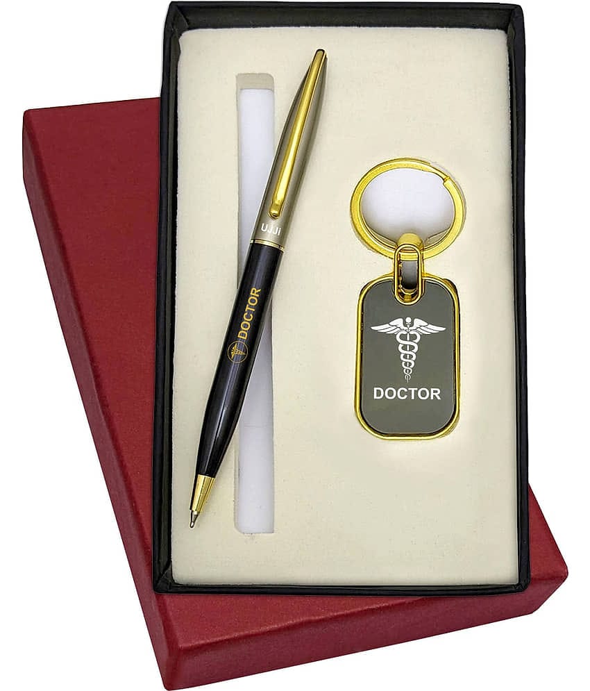 UJJi 2in1 Doctor Logo Set with Half Black Body Golden Part Ball Pen & Keychain