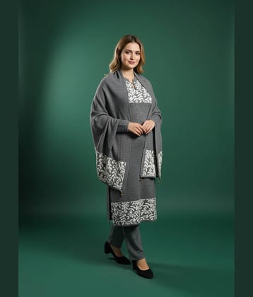 WOOL'S KART Women Woollen Printed A-line Kurti With Palazzo ( Grey )