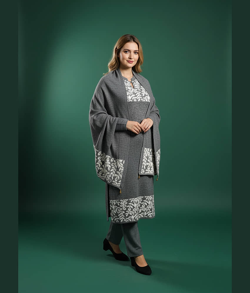 WOOL'S KART Women Woollen Printed A-line Kurti With Palazzo ( Grey )