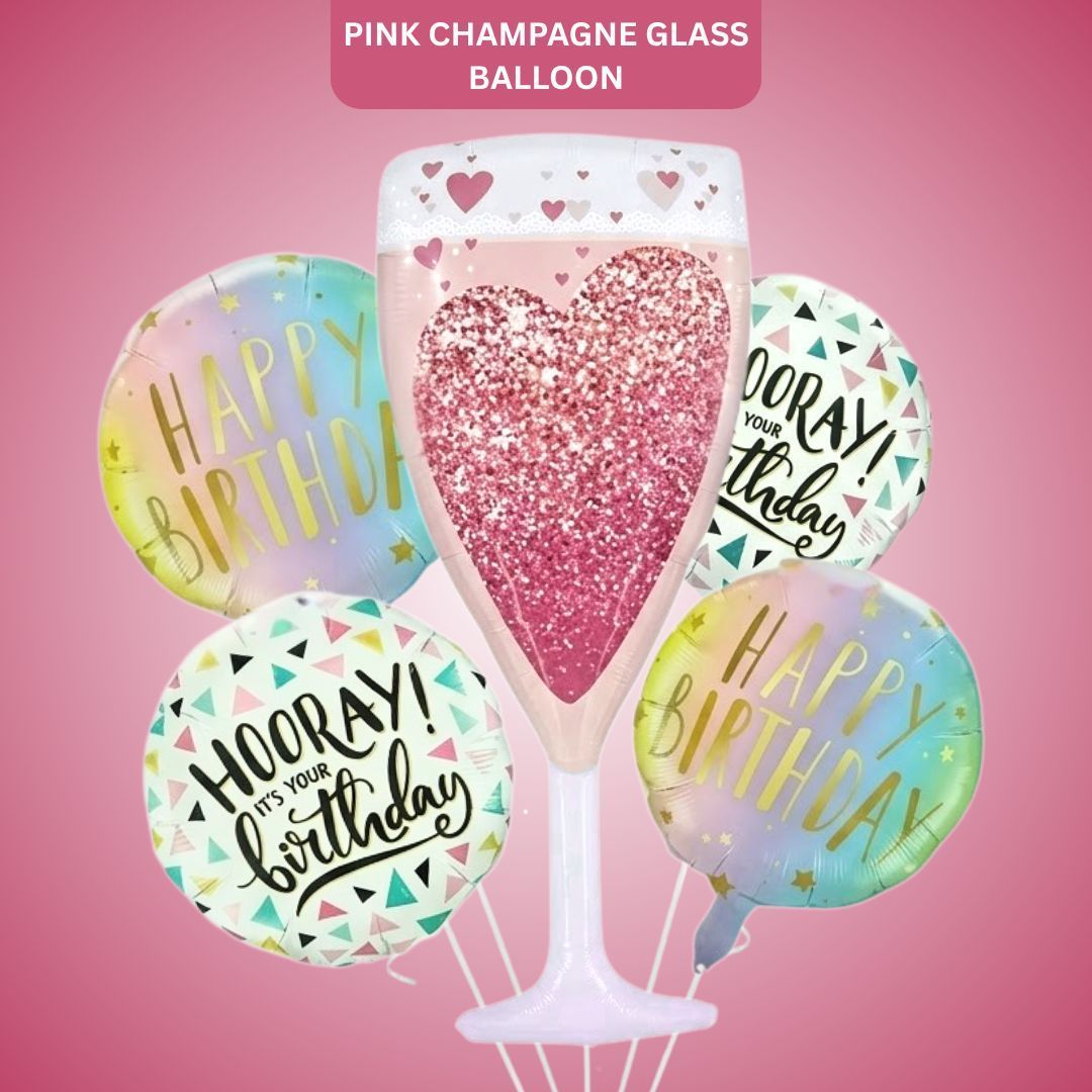 Pink Champagne Glass with Happy Birthday Balloon Set - Set of 5