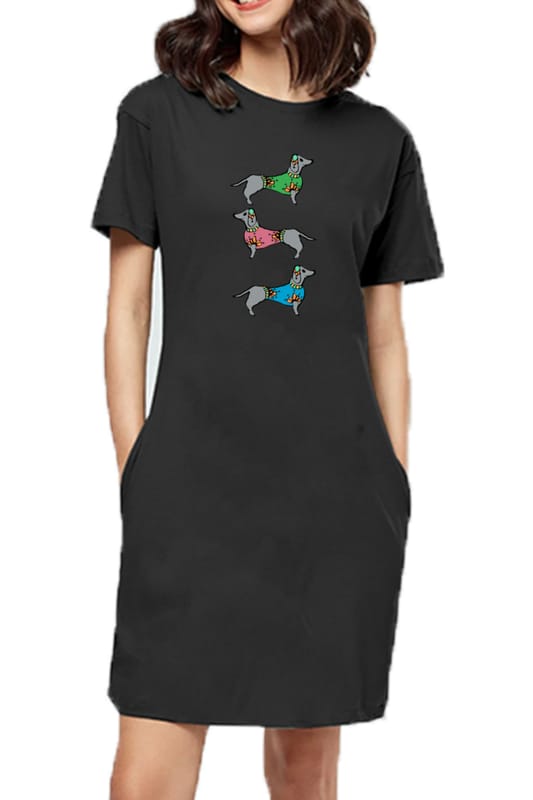 T-shirt Dress With Pockets - Three Dachshunds (6 Colours) (Slim Fit)