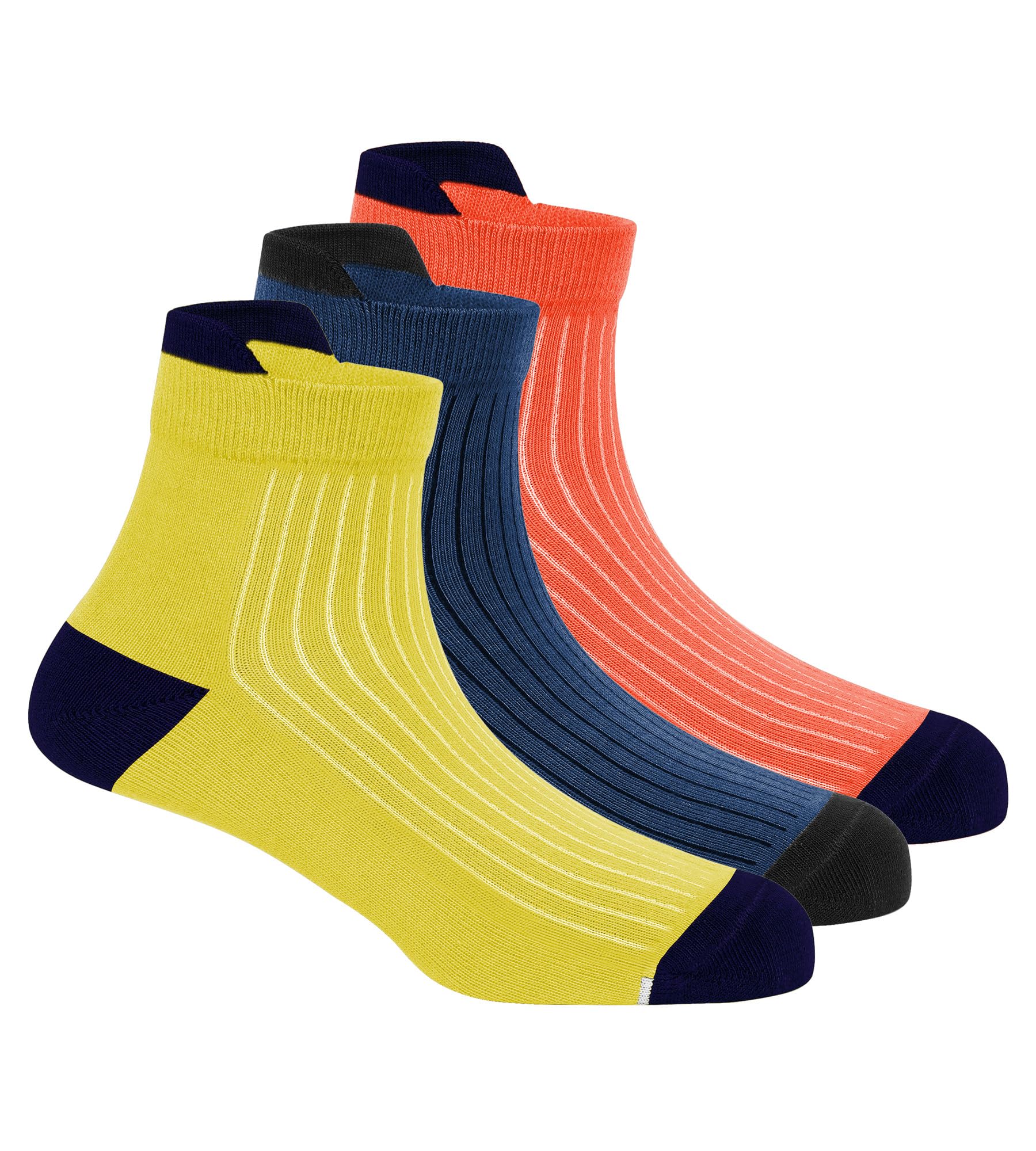 Freecultr Ankle Socks | Breathable Bamboo Fibre | Odour Resistant | Thermo Regulated | Moisture Wicking | Anti-Slip Y-Heel | Soft & Comfortable Sulphur Yellow, Falme Orange, Navy