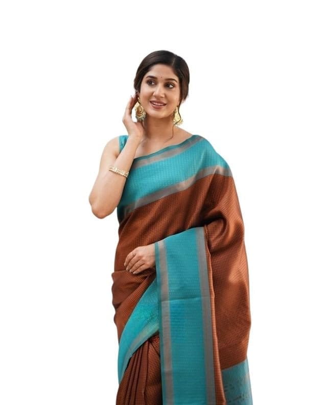 Women's Soft Lichi Silk Printed Saree With Unstitched Blouse 5.5Mtr (Brown)-PID63624