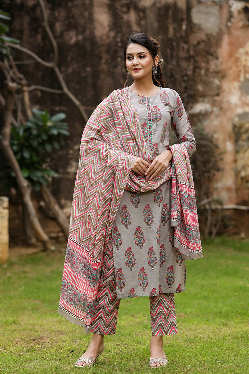Grey Cotton Blend Straight Suit Set VKSKD1134