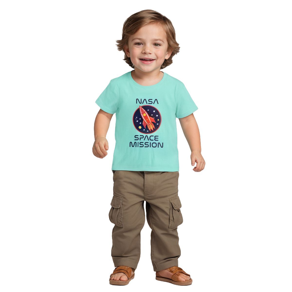 Boys T shirt Cotton Biscay Green Space Mission