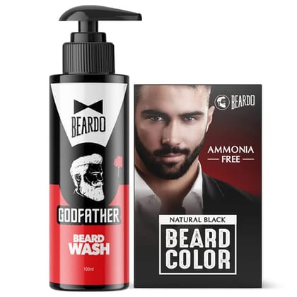 Beardo Natural Black Beard Color for Men 60ml With Godfather Beard Wash 100ml (Pack of 2) | Purifying & Hydrating Beard and Skin Cleaner with Avocado Oil, Argan Oil | Easy to apply, No Stain Beard Hair Colour for men | Skin Friendly Hair dye Beardo Natur