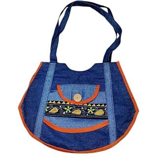 Ethnic Denim Shoulder Bag for Women with Embroidered Front Pocket, Casual Daily Use Office Shopping Tote
