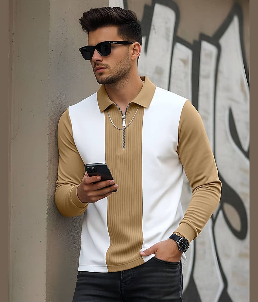 AOOSH Men Cotton Blend Regular Fit Striped Polo T Shirt ( Beige )