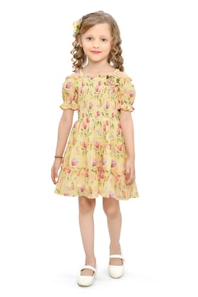 Be:Kids Blossom Bliss Yellow Floral Smocked Dress with Puff Sleeves