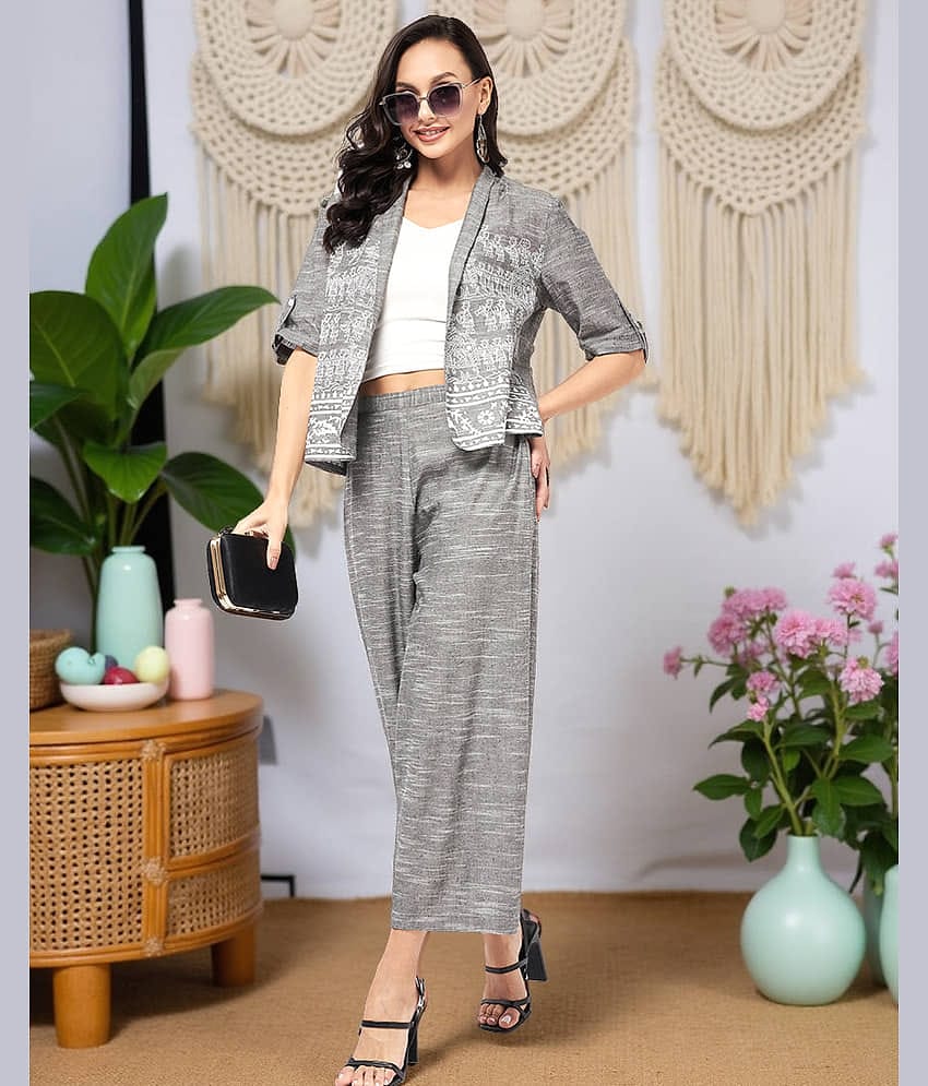 Pannkh Women Printed Top With Trousers Co-Ord Set ( Grey )