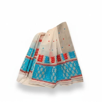Traditional Cotton Saree with Blue and Red Motif