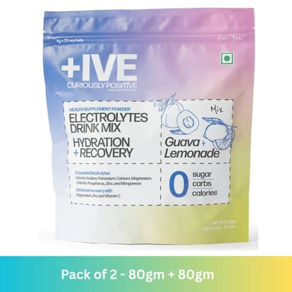 Curiously  +IVE Electrolytes Drink Mix - Assorted Flavour (Lemonade + Guava) - Pack of 2 - 80gm + 80gm (4g x 40 Sachet), Zero Sugar, Zero Carbs, Zero Calories, Hydration + Recovery Supplement