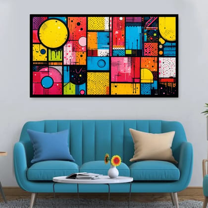 Luminary Pop Vibes Mosaic–Vivid Retro Museum-Quality Cotton Canvas Handprint for Playroom Décor | Frame Size (127 X 69 Cm) | Frame Type (Black) | 5-Year Warranty