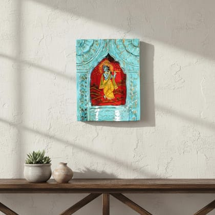 PREET GALLERY Handcrafted Krishna Wall Art | Turquoise Wooden Shrine Frame with Hand-Painted Indian Folk Art for Home & Meditation Decor PREET GALLERY Handcrafted Krishna Wall Art | Turquoise Wooden Shrine Frame with Hand-Painted Indian Folk Art for Home & Meditation Decor