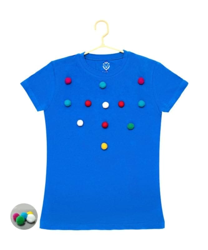 Girl's Casual Short Sleeve Pom Pom Balls Cotton T Shirt (Royal Blue, 11-12-Yrs)-PID49323