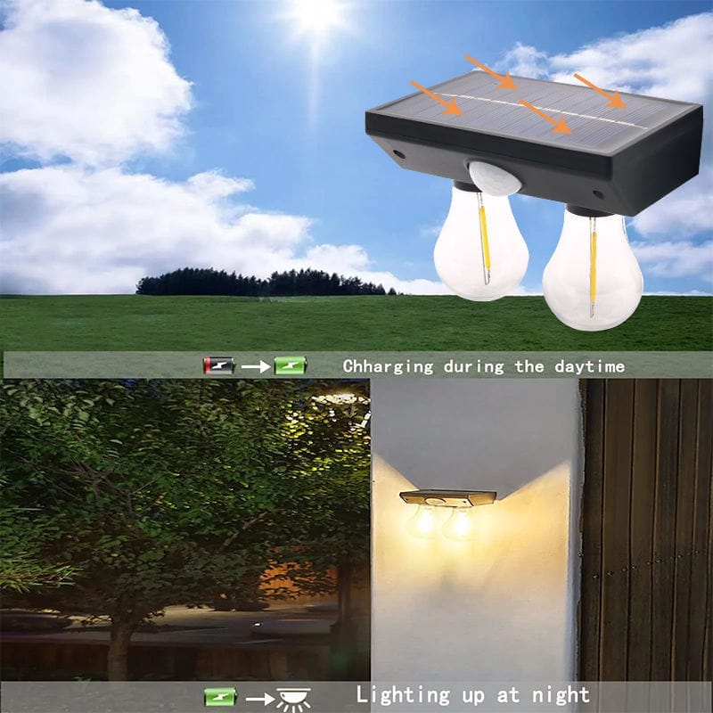 SPARKWORLD Solar Motion Sensor Dual Bulb Outdoor Wall Light | Waterproof Security Lamp | Auto On/Off | 2 LED Filament Bulbs | Solar Powered Garden, Gate & Home Light | Colour: Warm White