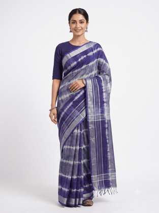 Women’s Royal Blue & Cream Handcrafted Tie-Dye Cotton Saree for Traditional Wear