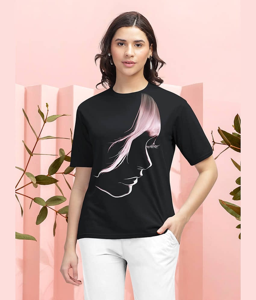 HELLCAT Trendy Printed Regular Fit Round Neck Casual Tshirt for Women_Black