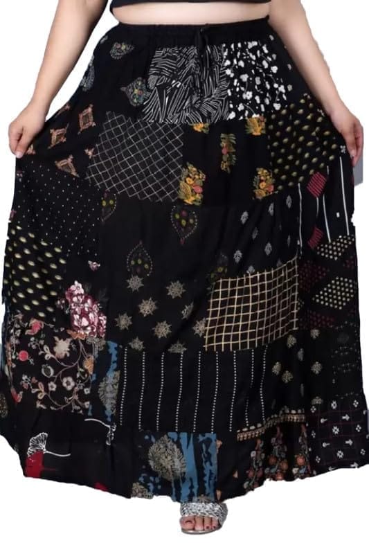 Women's Rayon Printed Elastic Skirt (Black, Free Size)-PID45899