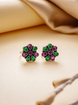 Silver Toned Red & Green Crystal Stones Handcrafted  Floral Toe Ring