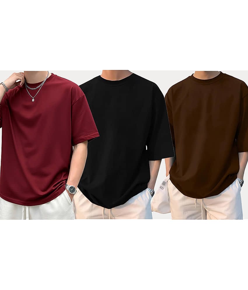 AUSK Men Cotton Blend Oversized Fit Solid T-Shirt ( Brown )