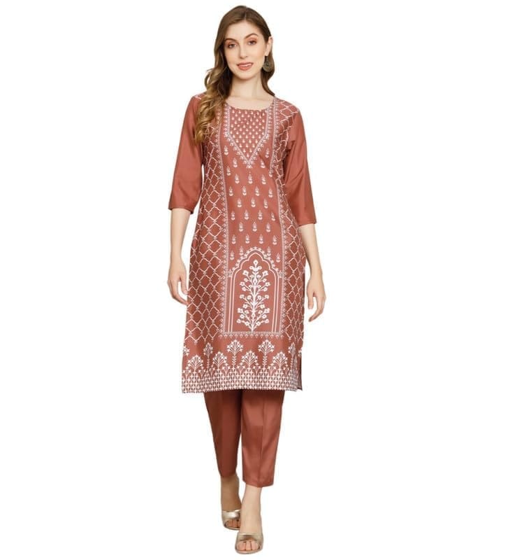 Women's Casual 3/4th Sleeve Printed Crepe Kurti Set Brown, S-PID46143