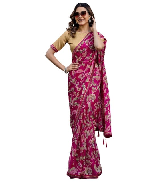 Generic Women's Georgette Floral Printed Saree with Unstitched Blouse Piece, Soft Lightweight 5.5 m Sari for Daily, Office and Wear (Magenta, Design 67608)