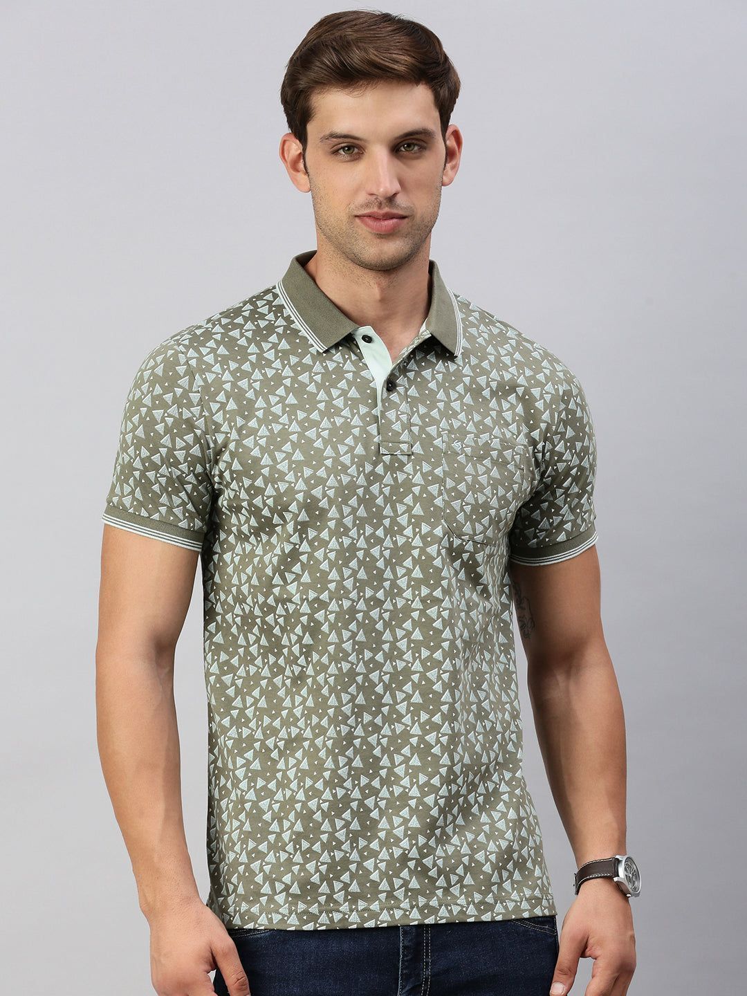 Classic Polo Men's Half Sleeve Olive/White Polo Neck Cotton Slim Fit T Shirt | BELLO - 293 B SF P